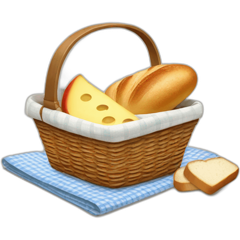 picnic basket with bread, cheese, and apple, with napkin  emoji