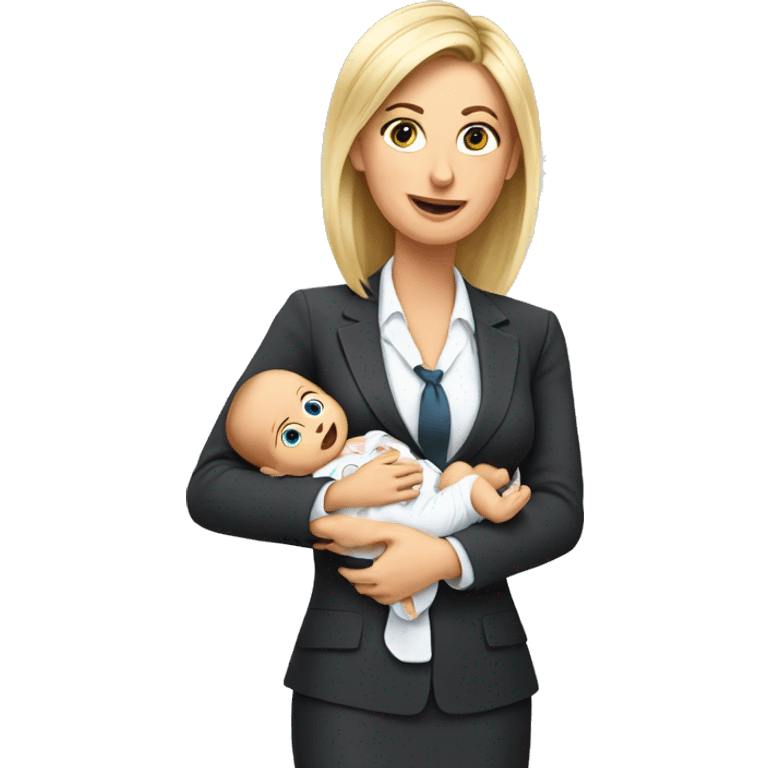 Busy european mom in businesssuit with baby emoji