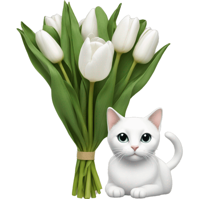 white tulip bouquet with a cat  emoji