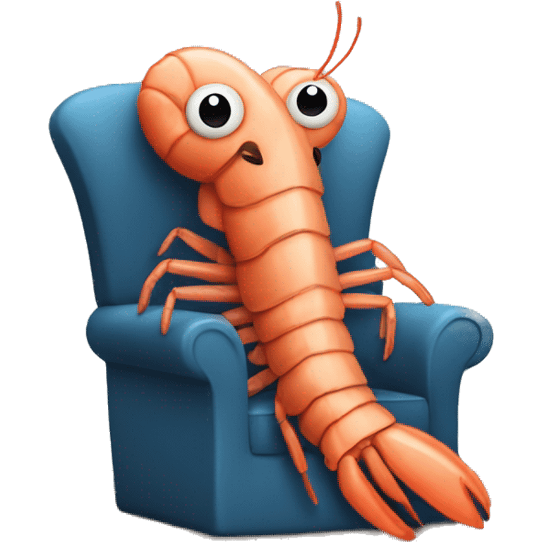 A shrimp sitting in a chair in front of a table with an open laptop emoji