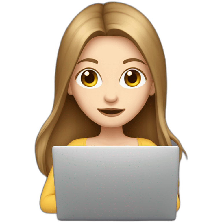 woman with pale skin and brown long hair hiding behind a gigantic laptop emoji