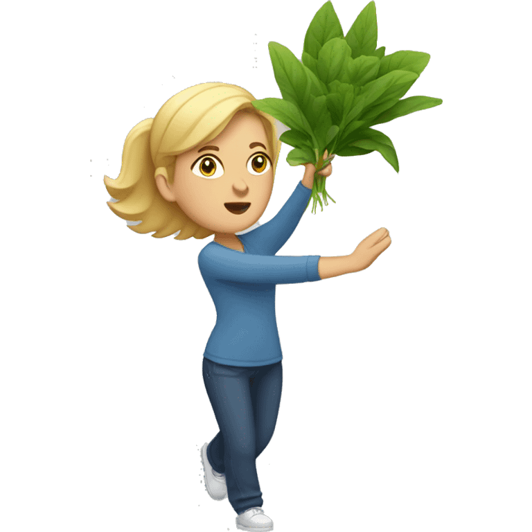 White woman throwing a plant in the trash. emoji