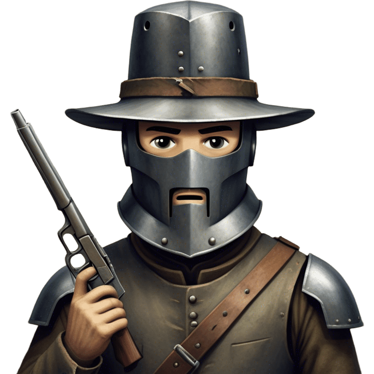 Cinematic Realistic Ned Kelly Portrait Emoji, depicted as the legendary Australian bushranger in his iconic homemade iron helmet and armor, gripping a revolver with a defiant stance. The scene is rendered with gritty textures and dramatic, shadowed lighting, evoking the lawless frontier and his rebellious, fearless legacy. emoji