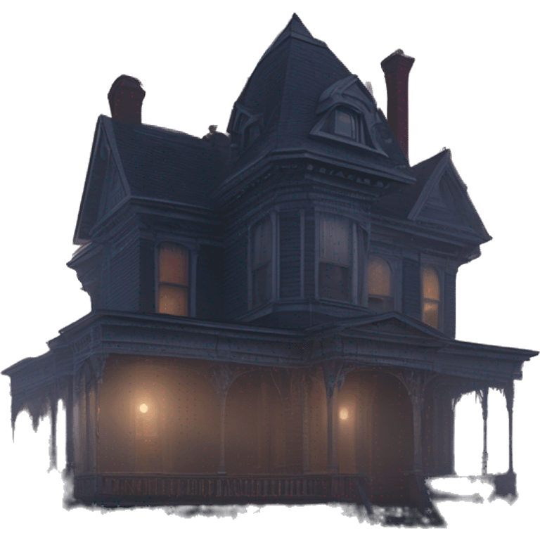 Fantastic Wide view, A very roomy ramshackle Victorian Addams mansion looms through light fog at dusk  emoji