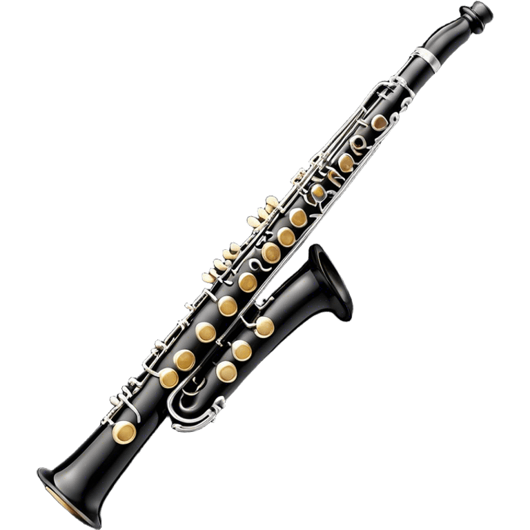 Create a sleek and professional emoji representing a black standard clarinet. The design should feature a smooth, glossy black body of the clarinet with shiny, silver keys clearly visible. Highlight the intricate details of the mouthpiece and reed at the top, while the body of the instrument should remain simple and elegant. Add subtle musical notes or soundwaves floating around the instrument to symbolize its clear, melodic sound. Use black for the body, silver for the keys, and soft lighting effects to give the instrument a polished, sophisticated look. The background should be transparent. emoji