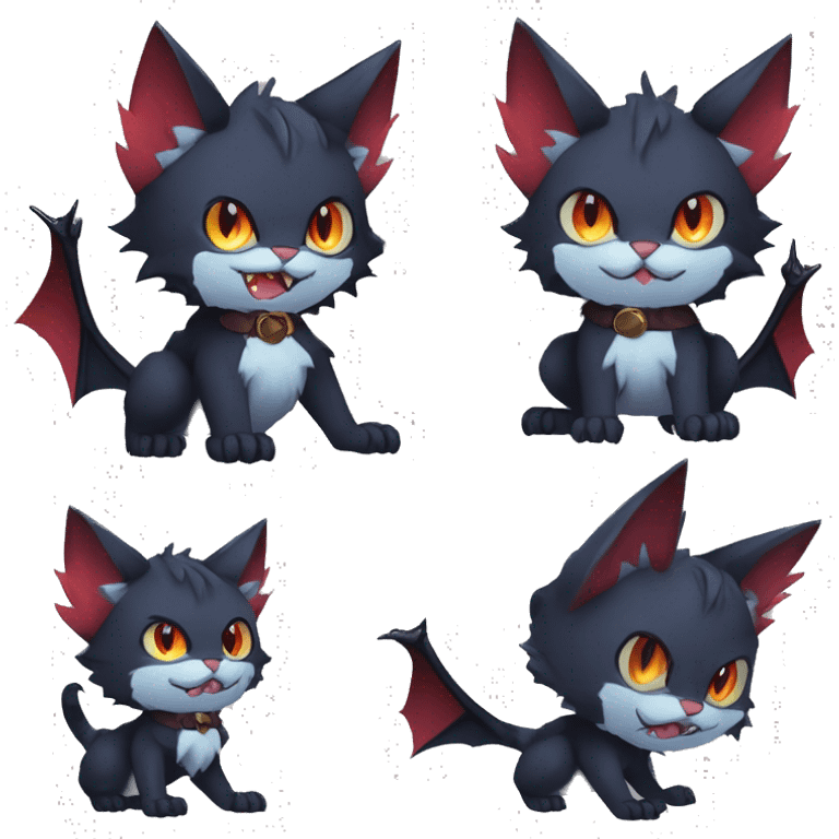   cool edgy beautiful fantasy anime-style dark animal vampiric Litten-Nargacuga-cat-hybrid Fakemon with big fangs and bat-ears full body emoji