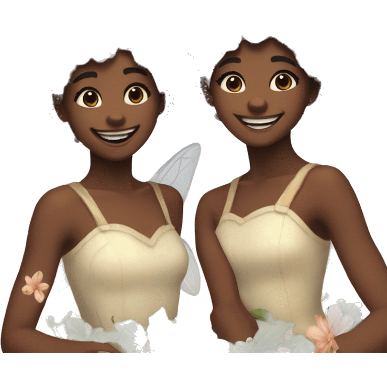 two fairies flying, beautiful, flowers in hair, smiling, aesthetic emoji