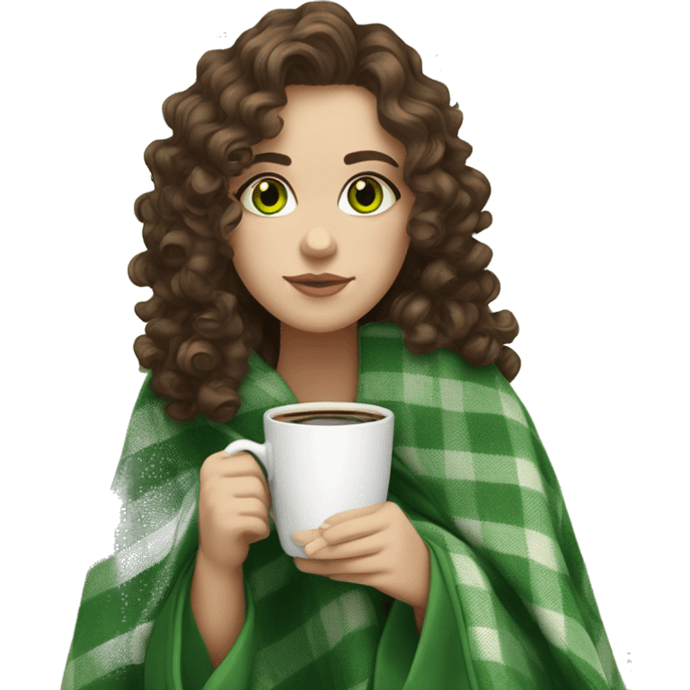 Brunette Slavic white girl green eyes medium curly hair with a coffee cup and blanket  emoji