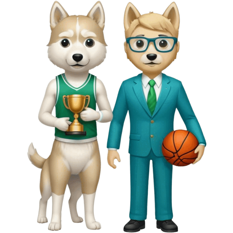 Full Body white husky male  wearing glasses with a goatee with dirty blond very short hair basketball head Coach in blue and green suit holding trophy emoji