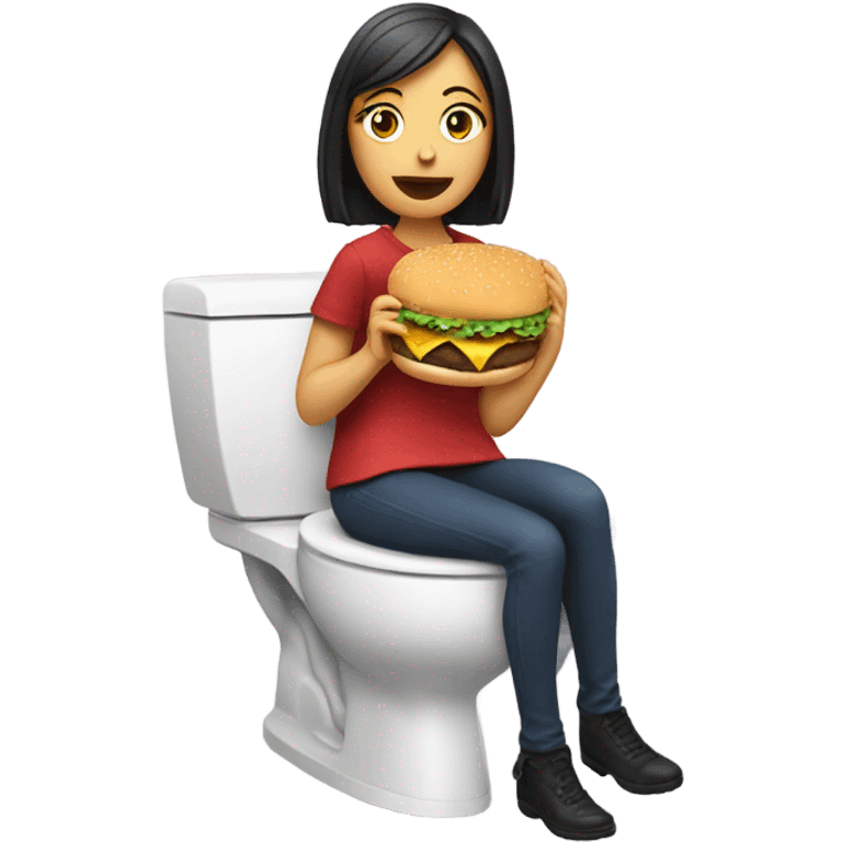 Lady sitting by a toilet, with a cheeseburger in her right hand, eating the burger emoji