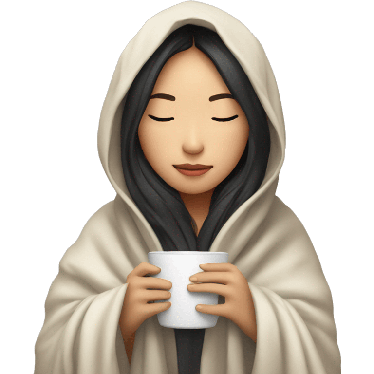 asian girl inside a blanket sipping coffee eyes closed emoji