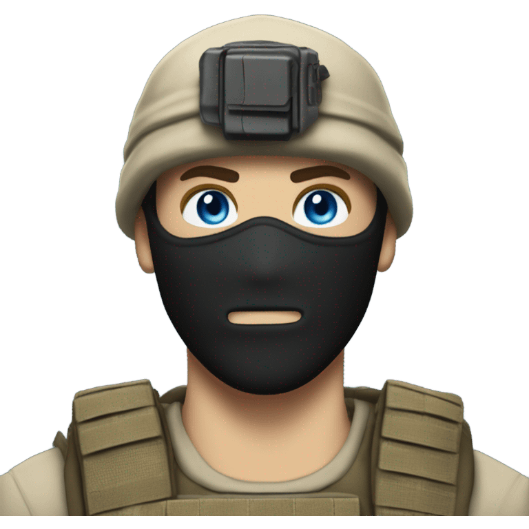 White male, call of duty black mask, camo tactical gear, tan combat boots, black beanie, blue eyes emoji