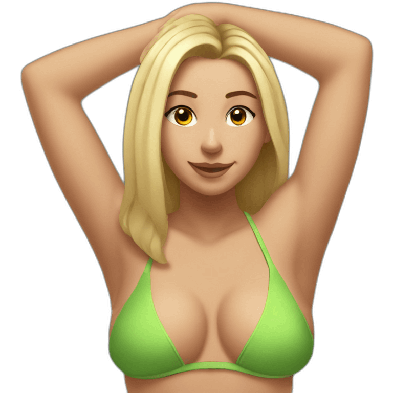 Slim-thicc Caucasian woman bikini hands in hair pose (beach body) emoji