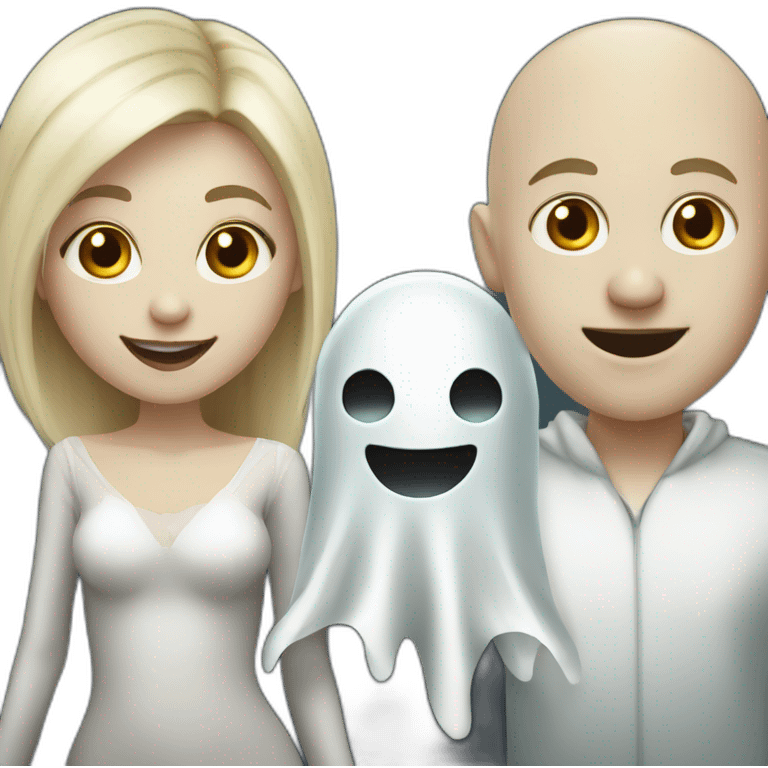 a blondie girl and a bald guy dressed as a ghost and a bald guy going both to a party emoji