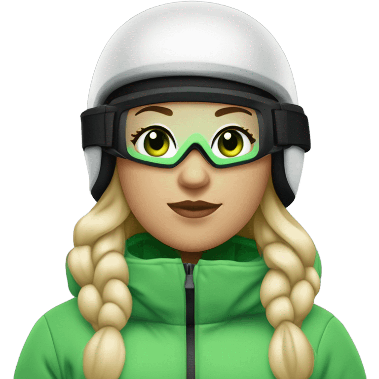 Green-eyed, fat female skier with medium-length straight blonde hair no curls, snow goggles on top of helmet, white ski helmet, gray snow jacket, green ski gloves, long black pants rolled up at the bottom, black only snow boots standing tall. emoji