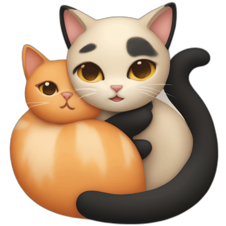 one beige cat and one black and orange cuddling emoji