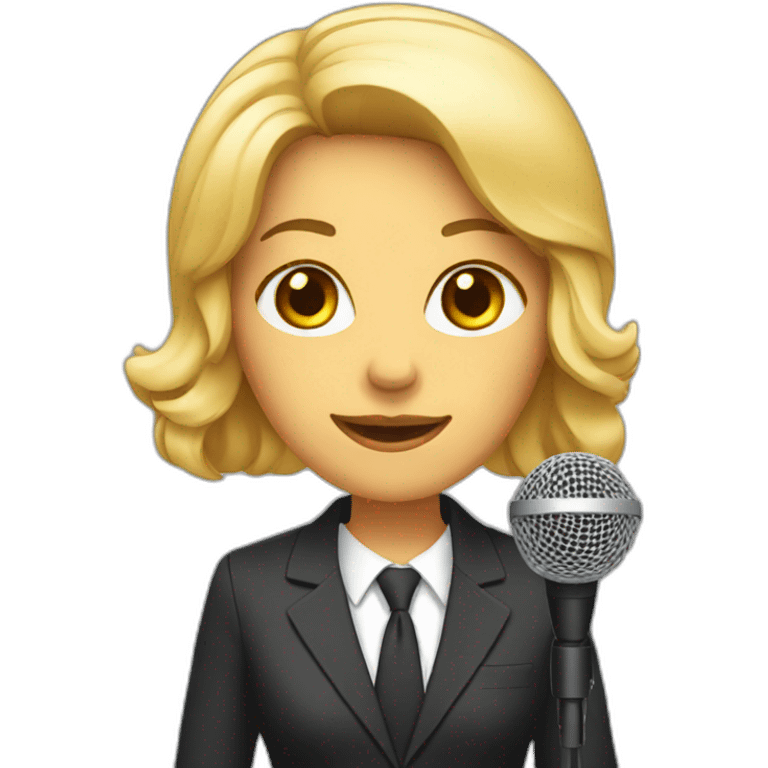 Woman wearing a suit while holding a microphone emoji