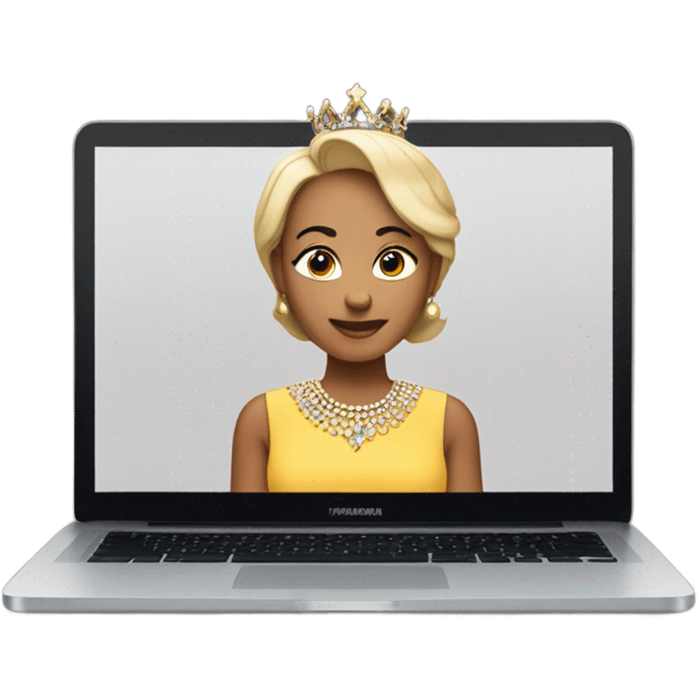 queen with a bob haircut  seating looking forward on a mac laptop and show her dress emoji