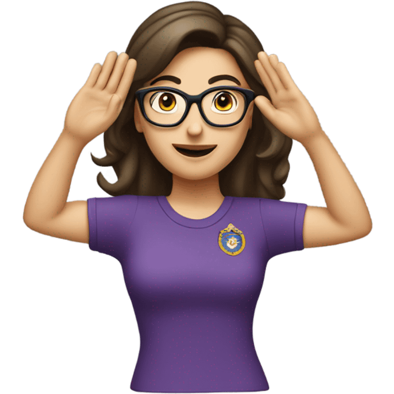 a caucasian brunette female, wearing a purple t-shirt and glasses, making the military salute gesture with her hand next to her head emoji