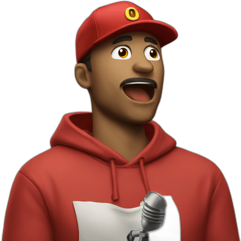 forty-something man with a red cap and a red sweatshirt raps into a microphone emoji