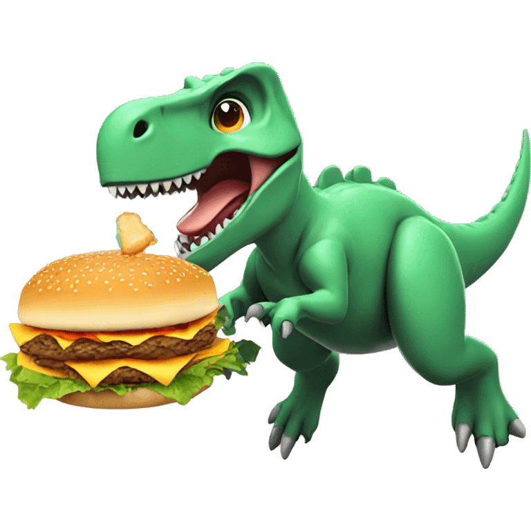 dinosaur eating a hamburger while flying with a jet pack emoji