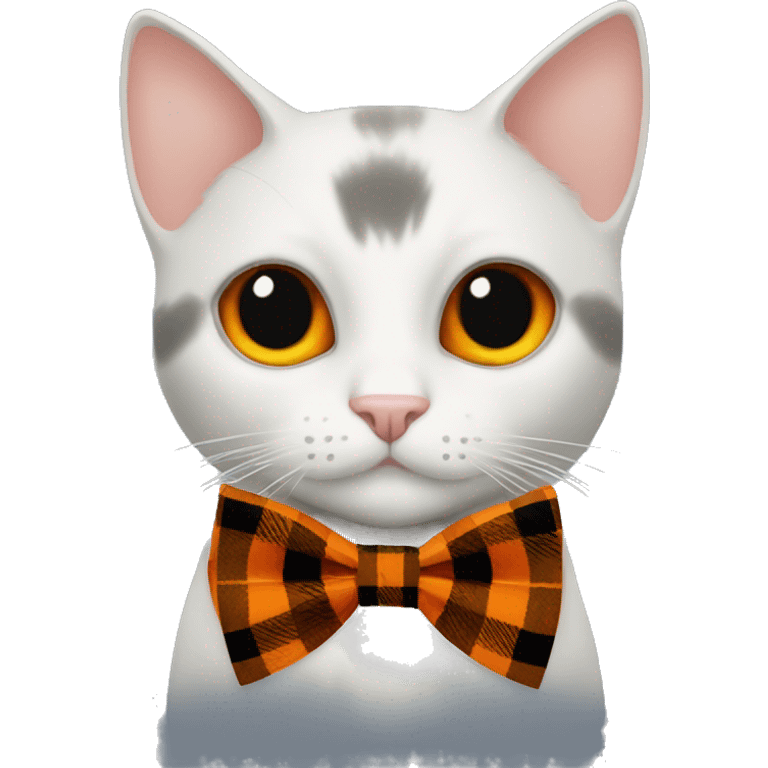 Black cat with orange eyes. Orange plaid bow tie with pumpkin charm emoji