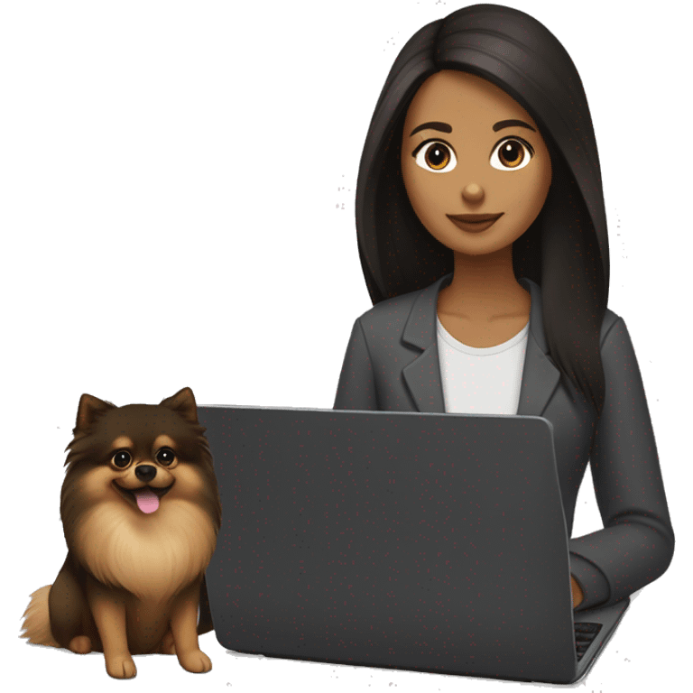 A girl with white skin, long dark brown hair, and brown eyes sitting in front of a laptop and her black-and-tan pomeranian is next to her. emoji