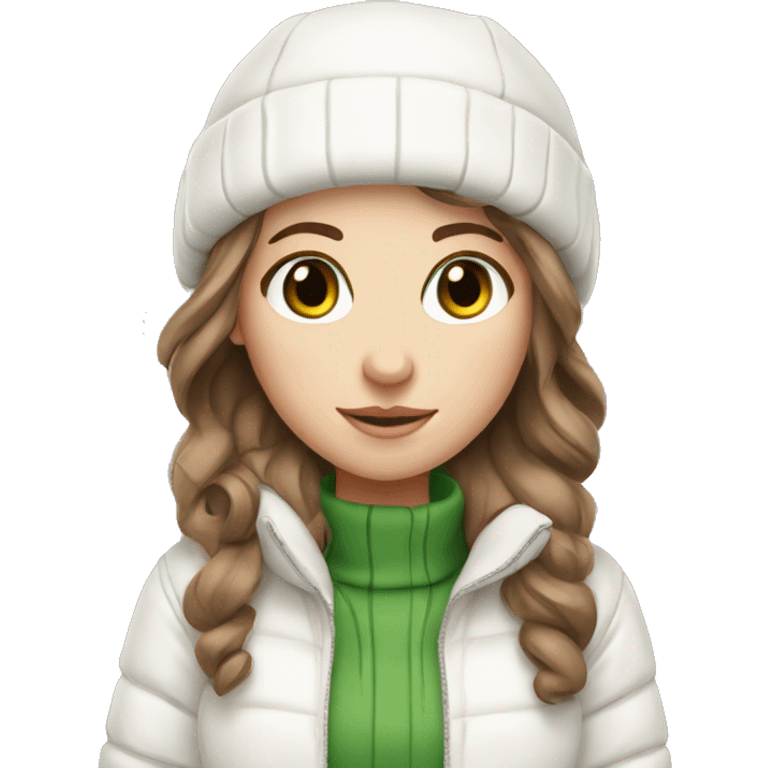 White girl with Brown hair green eyes in white winter outfit emoji