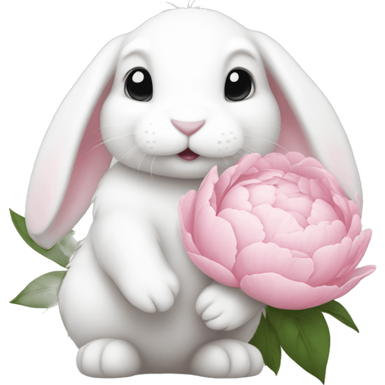 cute white bunny holding light pink peonies emoji