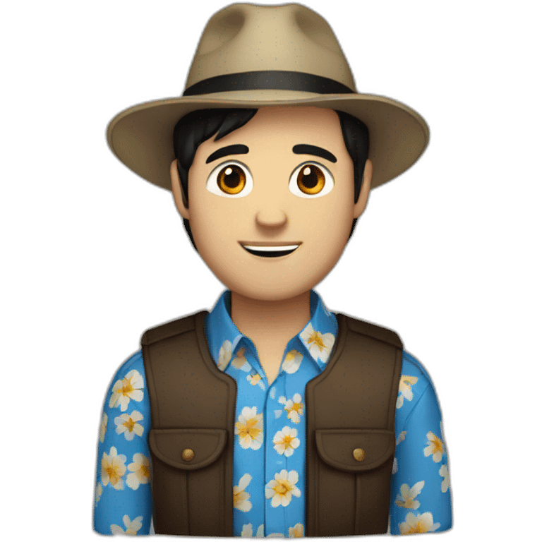 White Man with black hair, strip blue flowered shirt, brown hat emoji