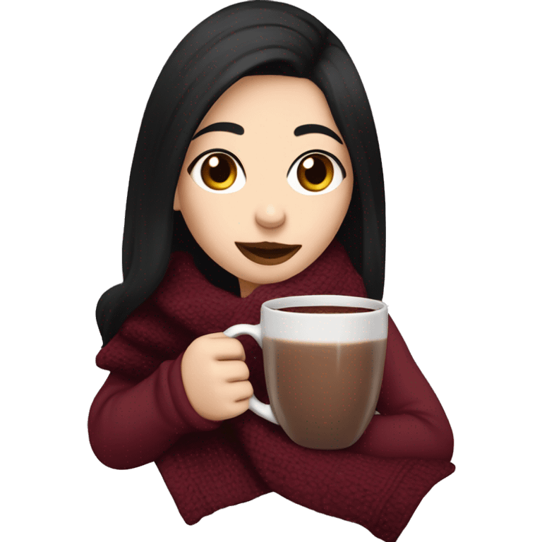 girl with black hair sipping on a mug of hot chocolate, pale skin, a burgundy blanket wrapped around her shoulders emoji