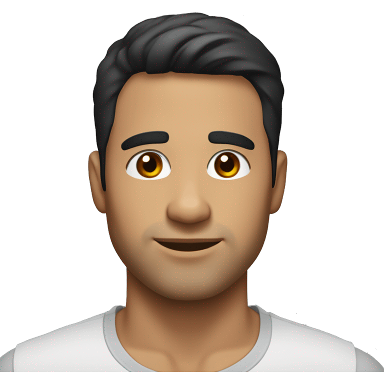 A head and shoulders shot of a 32 year old hispanic man, with short black hair,   with brown eyes wearing a t-shirt. emoji