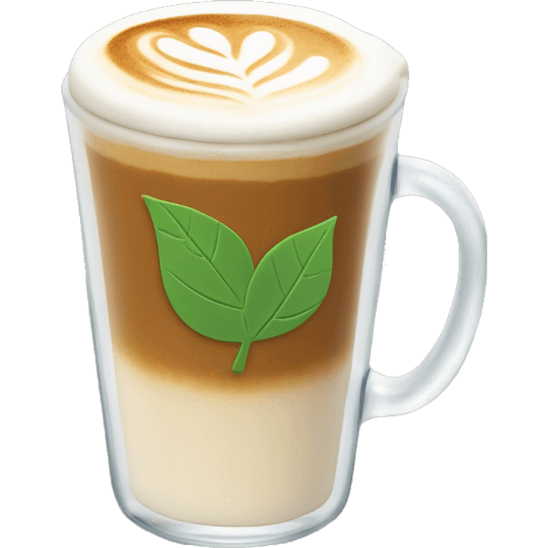 A latte in a clear glass mug with a leaf-shaped latte art design emoji