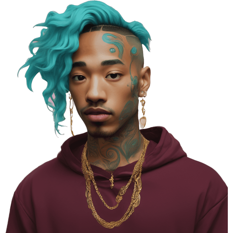 Vintage patina intricate swirls gold jewellery baroque raven wings tropical Deep pink maroon burgundy cyan dark hoodie man vitiligo dyed hair gold piercings nose piercing ear piercings emoji