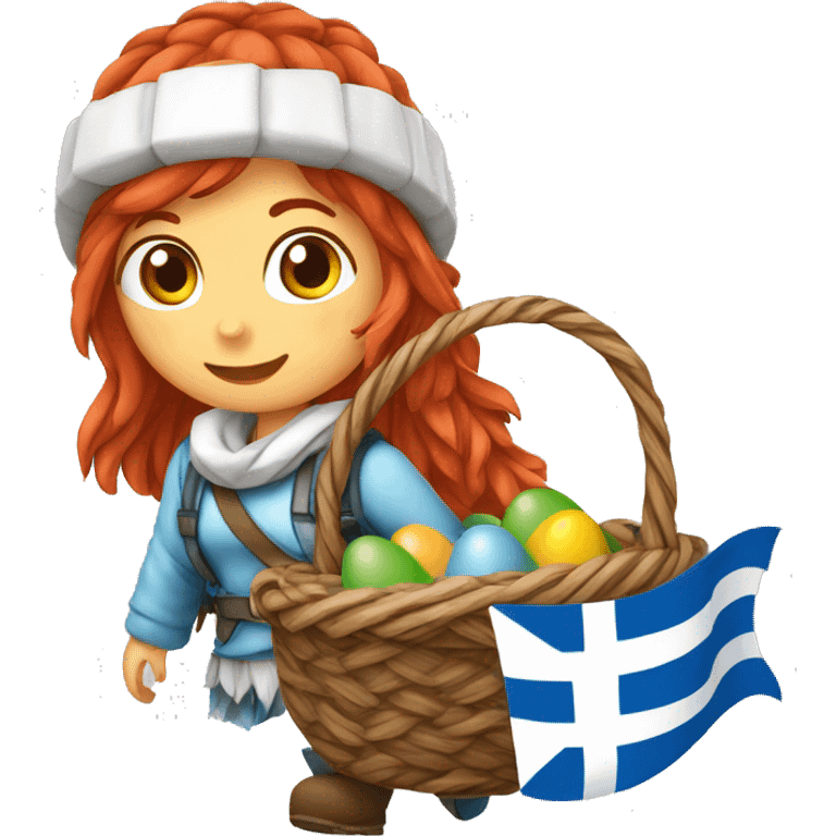 Greek red hair female winter mountaineer climbing with Easter eggsbasket and Greek flag emoji