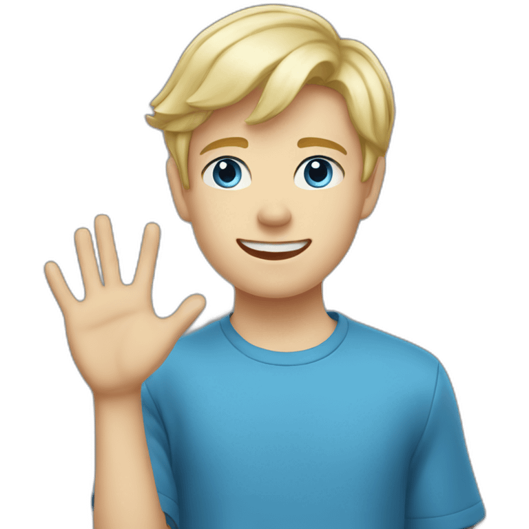 Blonde teen boy with medium short hair, blue eyes, waving hi to the camera emoji