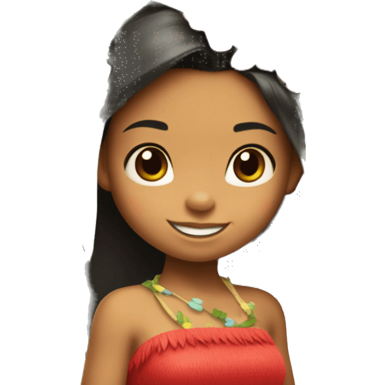 Little girl wearing a grass hula skirt and red tube top like lilo from lilo and stitch emoji