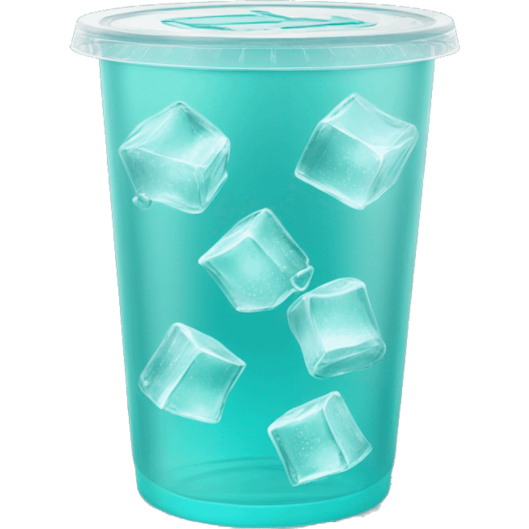 Realistic see through plastic cup and lid with Transluscent turquoise soda,straw and large ice cubes inside. emoji