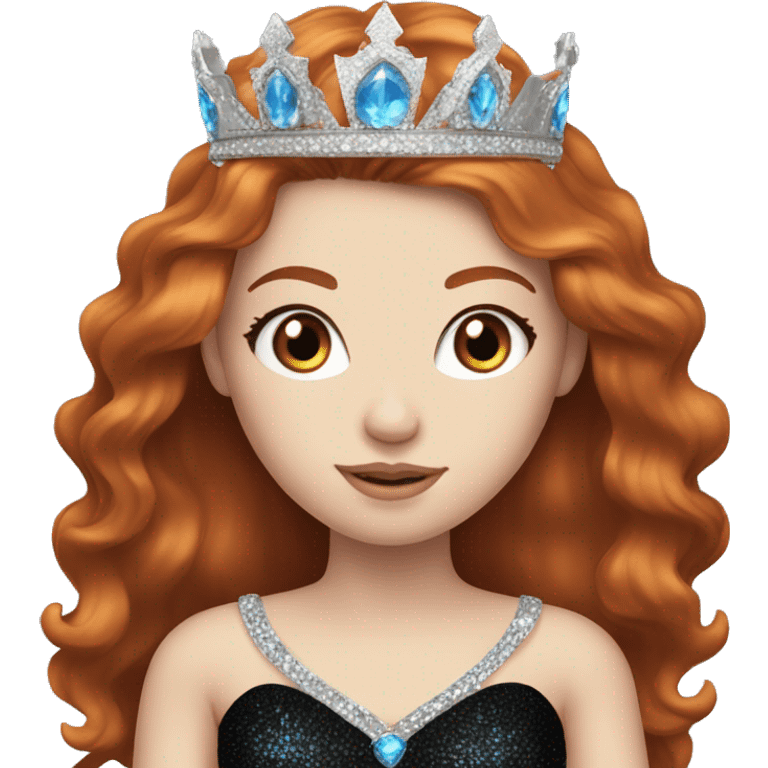 Beautiful girl with redhair, pale skin and bright blue eyes. She wears a sparkly black dress and a silver crown  emoji