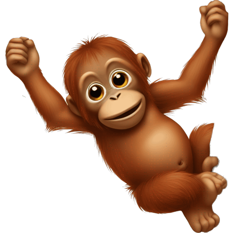 Baby orangutan hanging from a vertical tree branch right hand over his mouth left hand overhead feet gripping the tree trunk emoji