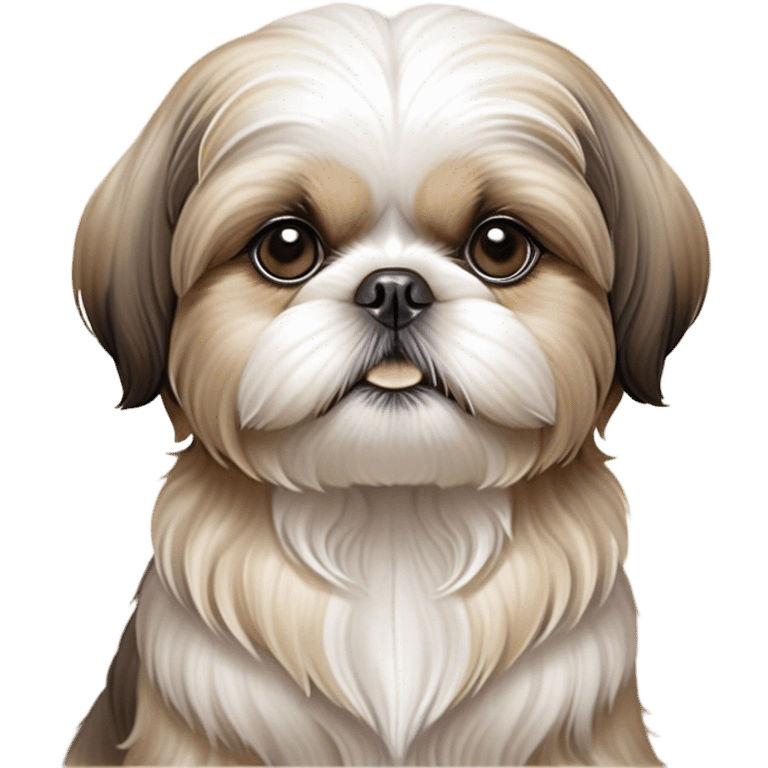 Cinematic Noble Shih Tzu Portrait Emoji, Poised and elegant, with a luxurious, flowing fur in refined muted tones, delicate features and wise, gentle eyes, simplified yet meticulously detailed, glowing with a soft, regal radiance, high shine, exuding quiet dignity and timeless charm, soft glowing outline, capturing the essence of a noble Shih Tzu that epitomizes refined poise! emoji