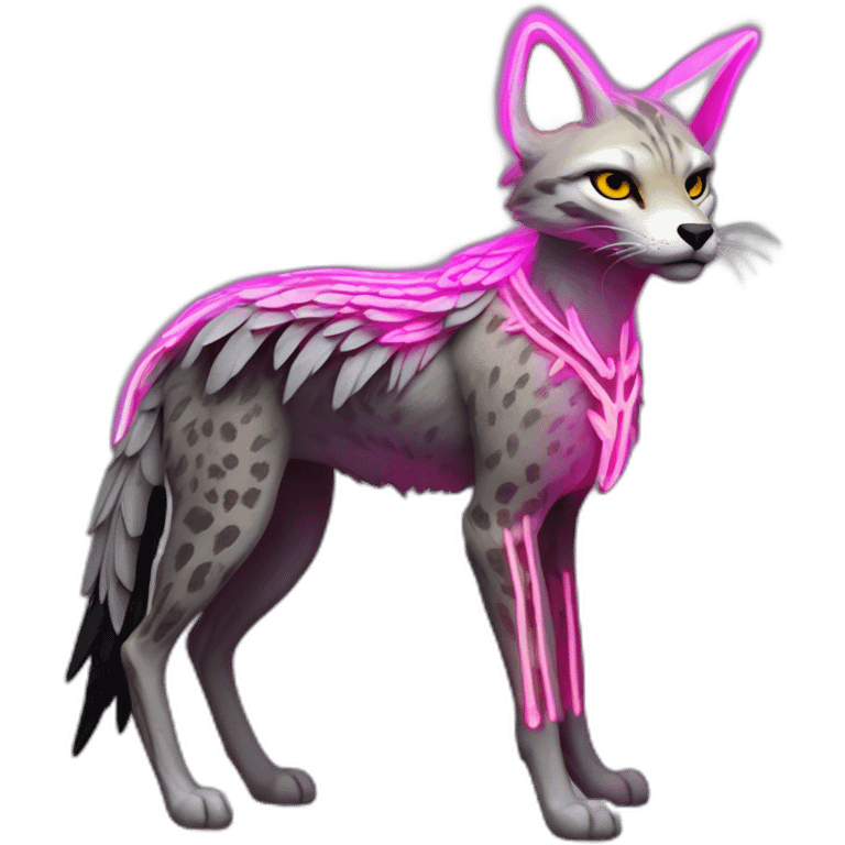 Coyote ocelot standing with grey and black fur and phoenix wings on back and pink ears half skeleton, neon lights emoji