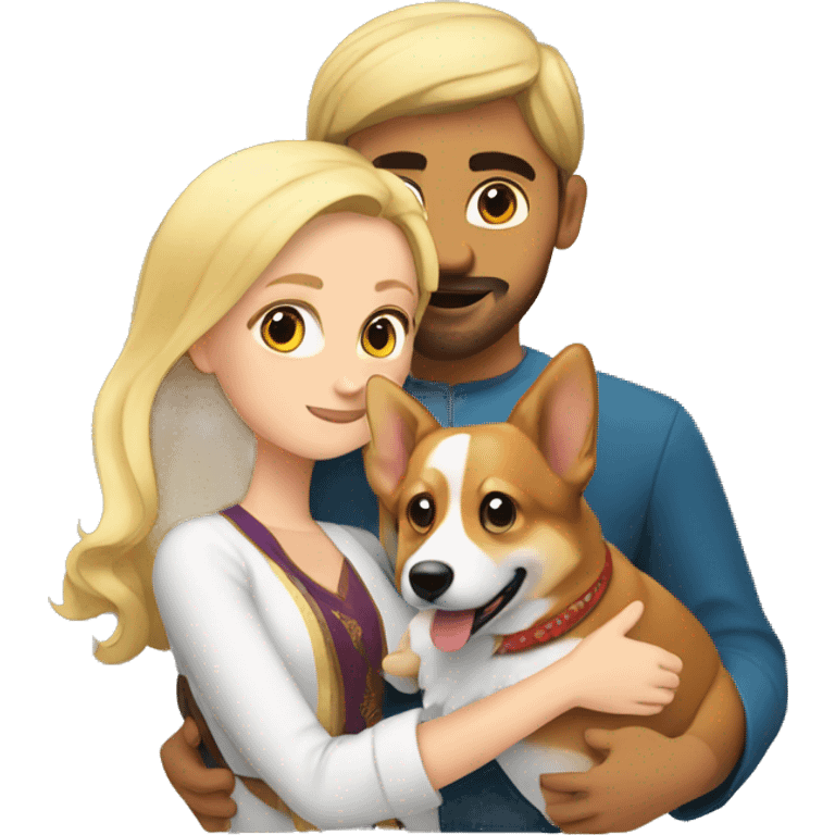 blonde girl with arab guy holding a corgi in their arms emoji