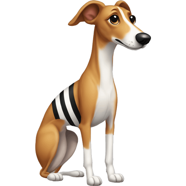 Ginger greyhound with black stripes and black-and-white nose. The dog is standing emoji