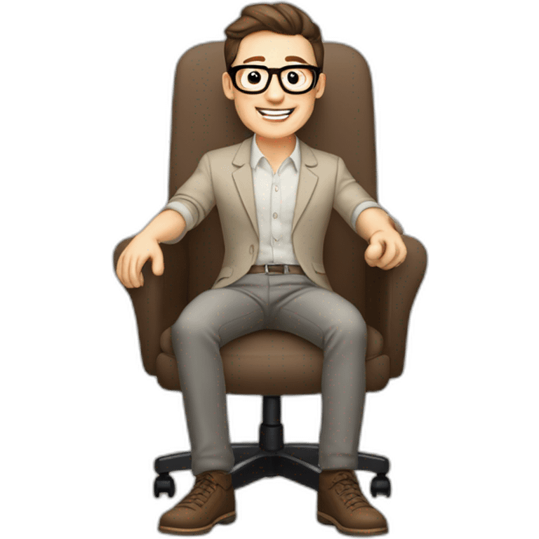 Joyful Celebrating victory Pale skinned Fit Man With dark brown hair in gray jacket, beige office shirt, Brown pants and vintage glasses sitting In a soft chair emoji