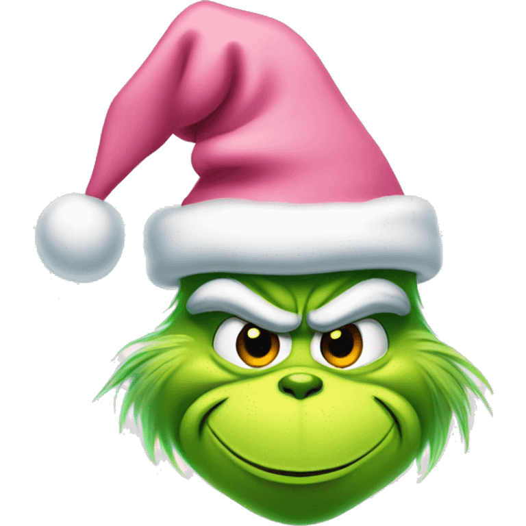 grinch face with a smirk wearing a light pink santa hat emoji