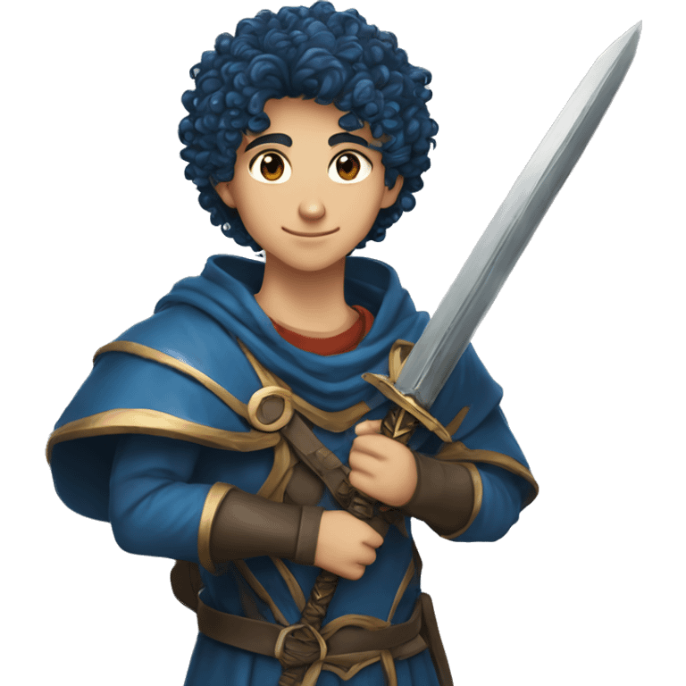 a 5'8" 13 years old lebanese, christian teenage boy with curly, slightly dark blue hair. He wields a sword of the same color as his hair, and wears an armor of the same color. emoji