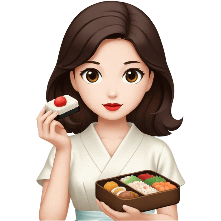 Beautiful woman in 1950’s woman fashion look, white dress, long dark brown hair, Japanese bento emoji