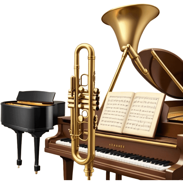 Create an elegant and vintage-inspired emoji representing jazz vocal performance. In the foreground, feature a classic, antique jazz microphone on a stand. Behind it, place a grand piano, with the lid slightly open, and have a Selmer Model 19 Balanced Action trumpet resting on top of the piano. The trumpet should have visible details like its shiny brass finish and the unique design of the valves. Add musical notes flowing around the scene to capture the improvisational essence of jazz. Use rich, deep colors like black, gold, and dark wood tones to evoke the timeless, sophisticated atmosphere of jazz. The background should be transparent. emoji