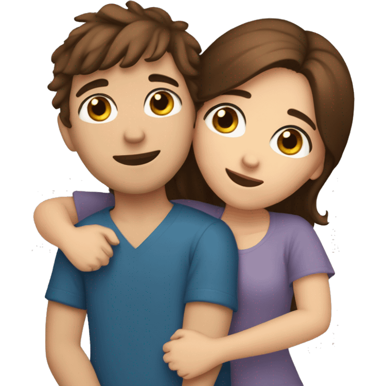 boy with brown hair and blue eyes hugging girl with brown hair and brown eyes in bed emoji